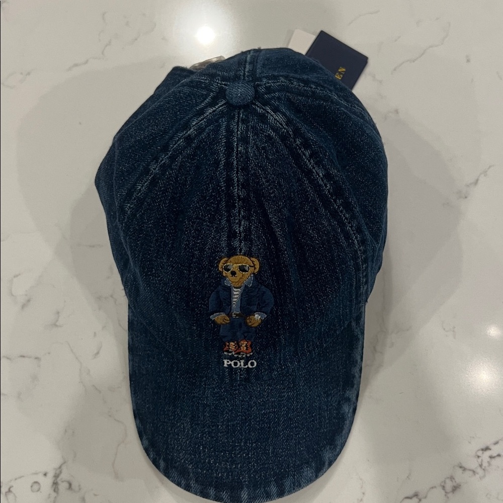 Adorable Blue denim polo bear cap with adjustable leather strap OS NWT - Picture 2 of 6